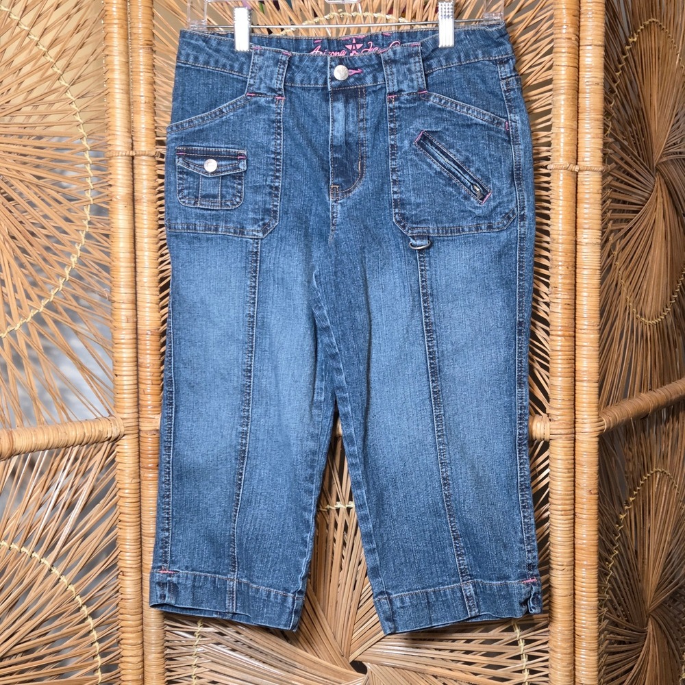 Y2K Vintage Arizona Jean Girl 12 Capri Pants Blue Denim Pink Stitch Middle Seam